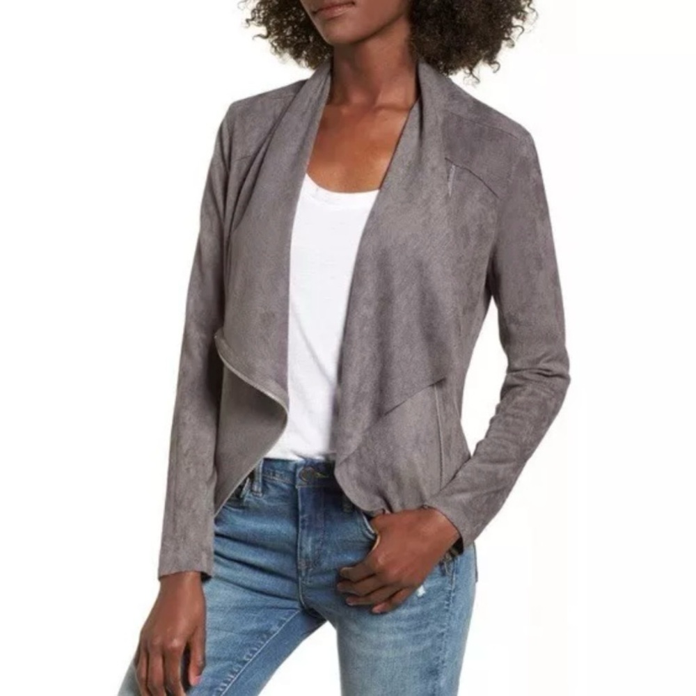 Blank NYC Drape Front Faux Suede Jacket in Grey size Small Asymmetrical Soft